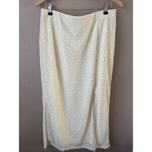 A New Day Cream Cotton Eyelet Lace Midi Skirt Front Slit Size 12